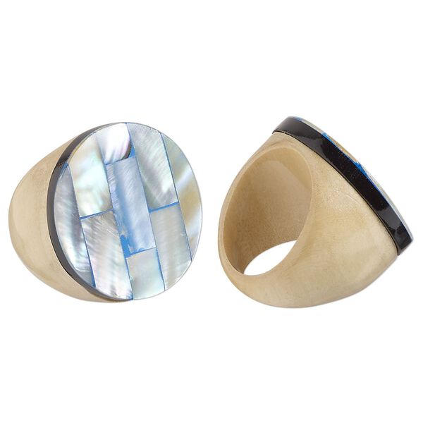 Ring, Everyday Jewelry, Taiwanese cheesewood, blue and black, 17mm round, size 6.5. Sold individually. image number 0