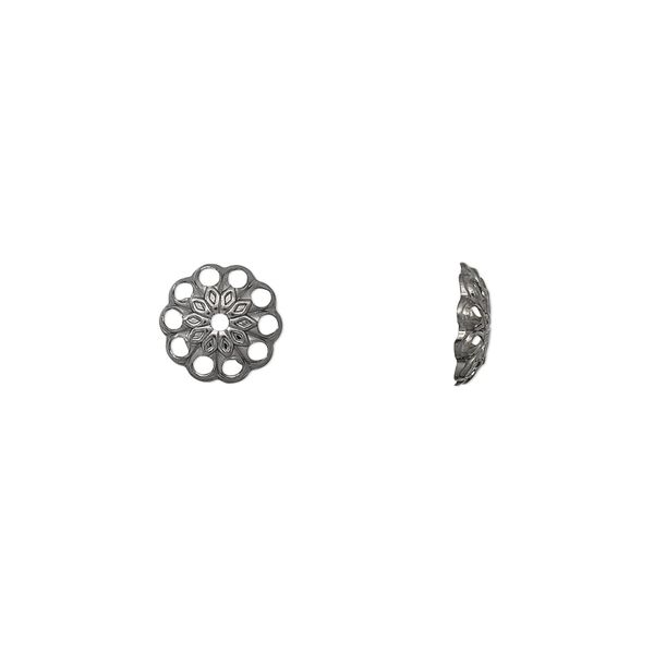 Bead cap, gunmetal-plated brass, stamped, 8x2mm fancy round with cutout diamond pattern, fits 8-10mm bead. Sold per pkg of 100. image number 0