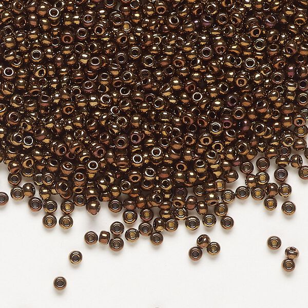 Seed bead, Preciosa Ornela Czech glass, pkg/50g, #11 rocaille, opaque golden bronze copper iris black, (59145). image number 0
