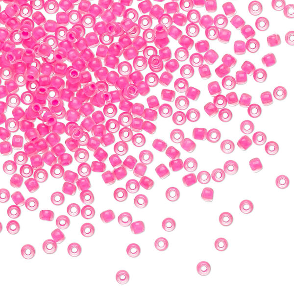 Seed bead, TOHO BEADS®, glass, pkg/50g, #11 round, opaque matte neon pink-lined crystal clear (TR-11-971). image number 0