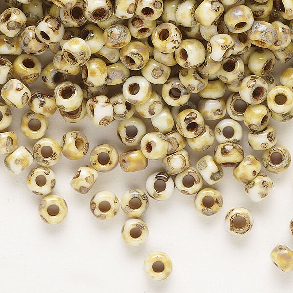 Seed bead, Miyuki, glass, pkg/250g, #6 rocaille, opaque Picasso yellow, (RR-4512). image number 0