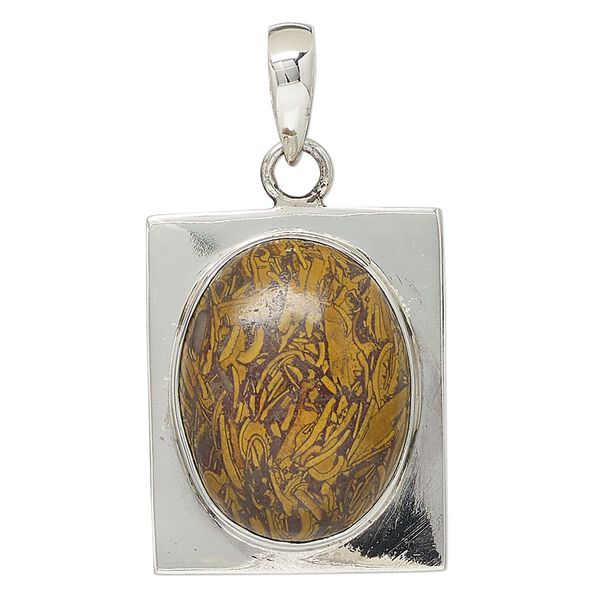 Pendant, chrysanthemum stone (natural) and sterling silver, 29x26mm-34x27mm rectangle. Sold individually. image number 0