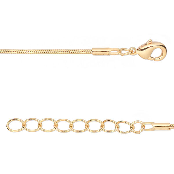 Chain, gold-finished brass, 1mm snake, 36 inches with 1-inch extender chain and lobster claw clasp. Sold per pkg of 2. image number 0