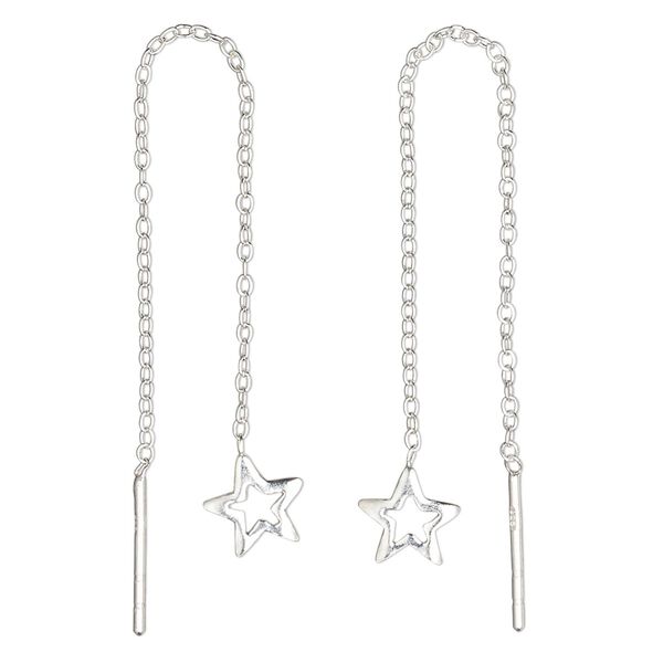 Ear thread, sterling silver, 2-3/4 inch cable chain with 6.5x6.5mm open star. Sold per pair. image number 0