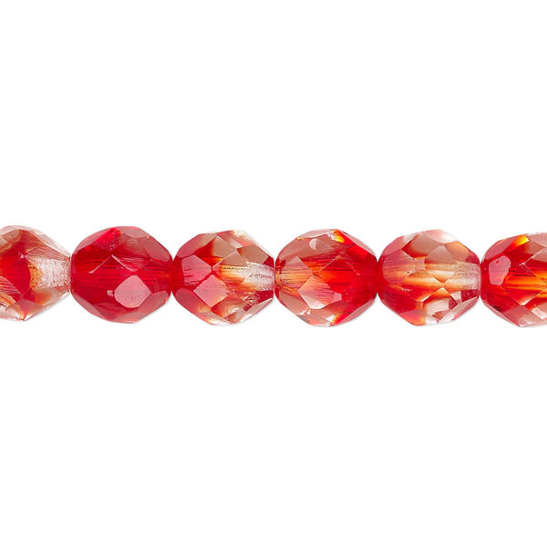 Bead, Czech fire-polished glass, two-tone, crystal/red, 8mm faceted round. Sold per 15-1/2" to 16" strand. image number 0