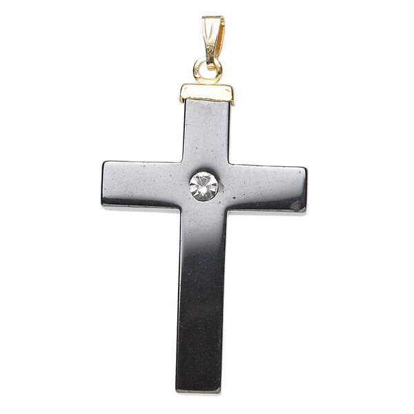Hemalyke™ / glass rhinestone / mixed metal 1pkg4, gold- finished brass cross pendant 34x22mm image number 0
