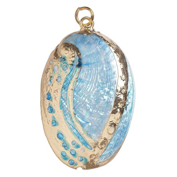 Focal, abalone shell (dyed) and gold-finished copper, blue, 36x22mm-48x30mm, Mohs hardness 3-1/2. Sold individually. image number 0