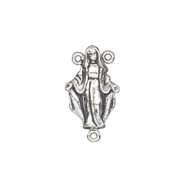 Connector, antiqued sterling silver, 20x13mm single-sided rosary with Mary. Sold individually. image number 0