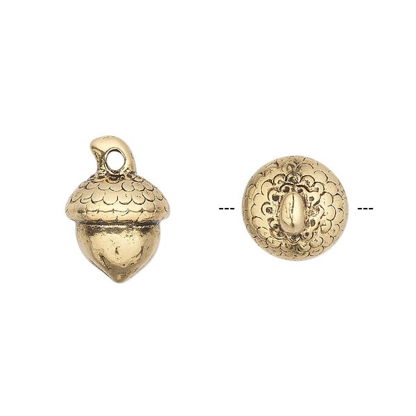 Charm, antique gold-plated pewter (tin-based alloy), 12x11mm acorn. Sold per pkg of 2. image number 0