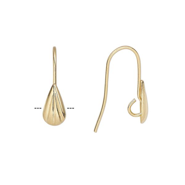 Ear wire fishhook 1pkg10 gold-plated, 20mm / 9x5mm corrugated teardrop / hidden open loop, 22 gauge brass 5 pair image number 0