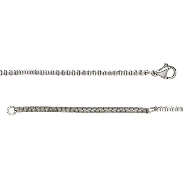 Chain, stainless steel, 2mm box, wearable at 18 and 20 inches with lobster claw clasp. Sold individually. image number 0