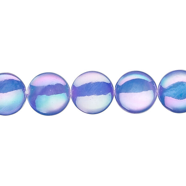 Bead, mother-of-pearl shell (dyed / coated), medium blue, 10mm flat round. Sold per 15-inch strand. image number 0