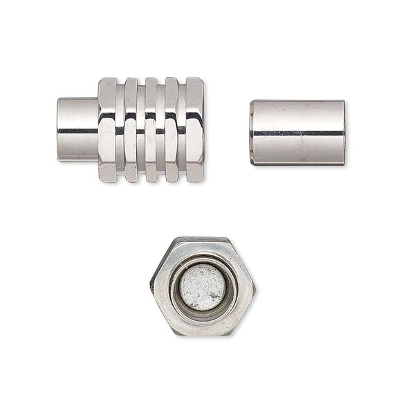 Clasp, magnetic barrel, stainless steel, 15x10mm ribbed with glue-in ends, 6mm inside diameter. Sold individually. image number 0