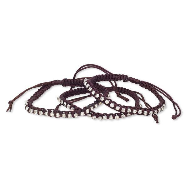 Bracelet, glass rhinestone / nylon / silver-plated brass, brown and clear, 6mm wide with cupchain, adjustable from 7-10 inches with wrapped knot closure. Sold per pkg of 3. image number 0
