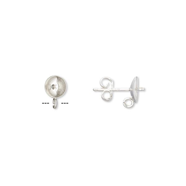 Earstud 1pkg2 sterling silver, 5mm cup with peg / open loop, 5-7mm half-drilled round setting, 1 pair image number 0
