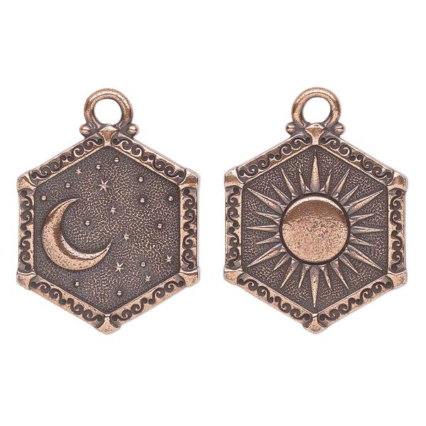 Charm, TierraCast®, "Celestial" collection, antique copper-plated pewter (tin-based alloy), 24.5x21.5mm 2-sided hexagon with sun and moon design. Sold individually. image number 0