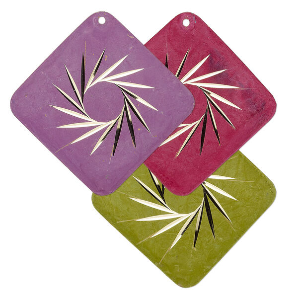 Focal, brass, lime green / light purple / fuchsia, 40x40mm single-sided diamond-cut flat diamond. Sold per pkg of 6. image number 0