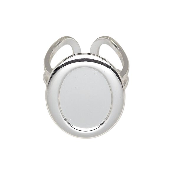 Ring, silver-plated "pewter" (zinc-based alloy) and brass, 24x20mm with 18x13mm oval setting, adjustable. Sold individually. image number 0