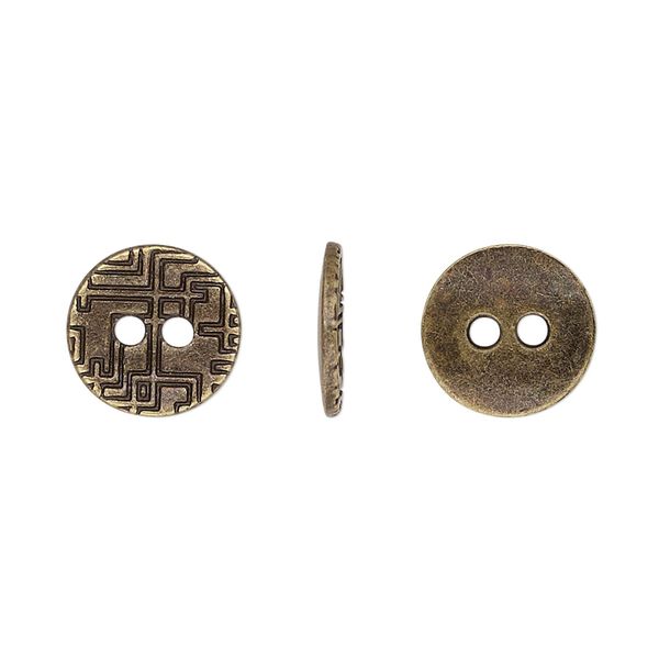 Button, antiqued brass-finished "pewter" (zinc-based alloy), 12mm single-sided flat round with geometric design. Sold per pkg of 50. image number 0