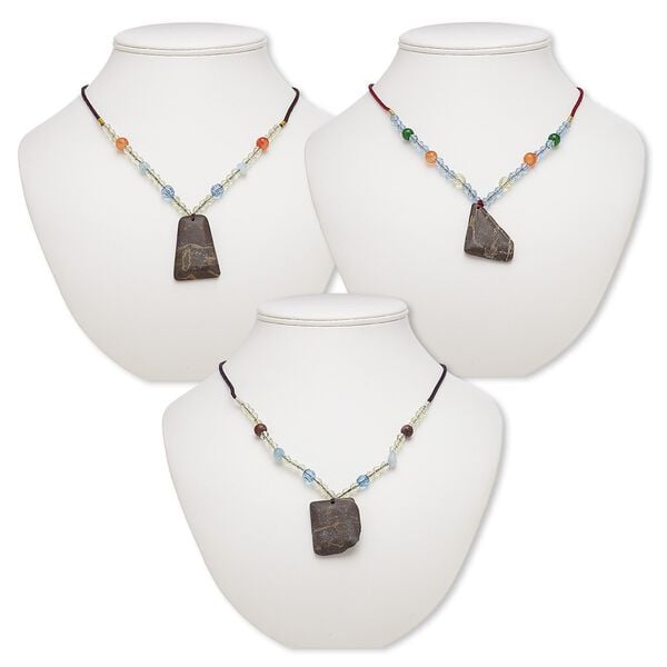 Multi-gemstone / acrylic / glass 1pkg3, freeform pendant necklace mix continuous loop 20 inch 32x27mm-48x36mm image number 0