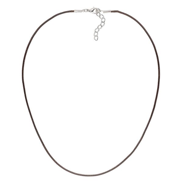 Necklace cord, waxed cotton cord with imitation rhodium-finished steel and "pewter" (zinc-based alloy), brown, 1.5mm round, 18 inches with 1-1/2 inch extender chain and lobster claw clasp. Sold per pkg of 4. image number 0