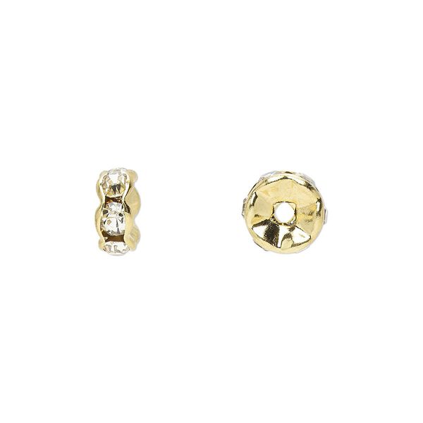 Bead, glass rhinestone and gold-finished brass, clear, 7x3mm rondelle. Sold per pkg of 10. image number 0
