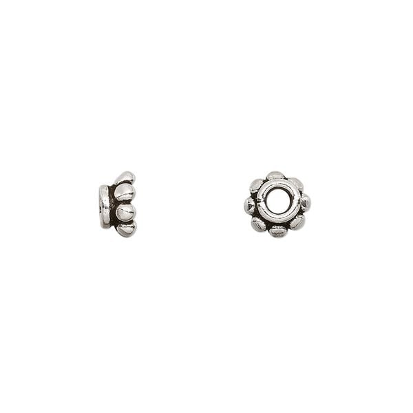 Bead cap, antiqued sterling silver, 7x3.5mm beaded rondelle, fits 6-8mm bead. Sold per pkg of 4. image number 0