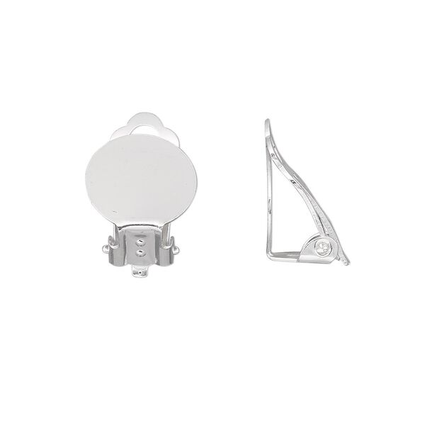Earring clip-on 1pkg100 silver-plated, 16mm hinged / 12mm round flat pad, steel 50 pair image number 0