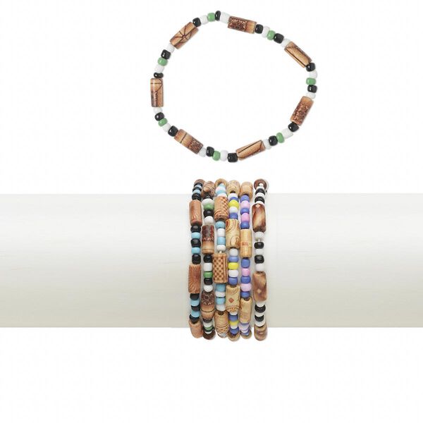 Bracelet mix, stretch, wood (coated) / acrylic / glass / ceramic, multicolored, 5mm wide, 6-1/2 inches. Sold per pkg of 10. image number 0