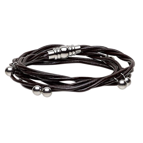 Bracelet, 3-strand wrap, leather (dyed) and stainless steel, dark brown, 10mm wide with 6mm round and twisted design, 6-1/2 inches with magnetic clasp. Sold individually. image number 0