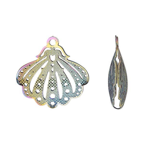 Drop, electro-coated stainless steel, rainbow, 22x19mm double-sided textured cut-out domed fan. Sold per pkg of 6. image number 0