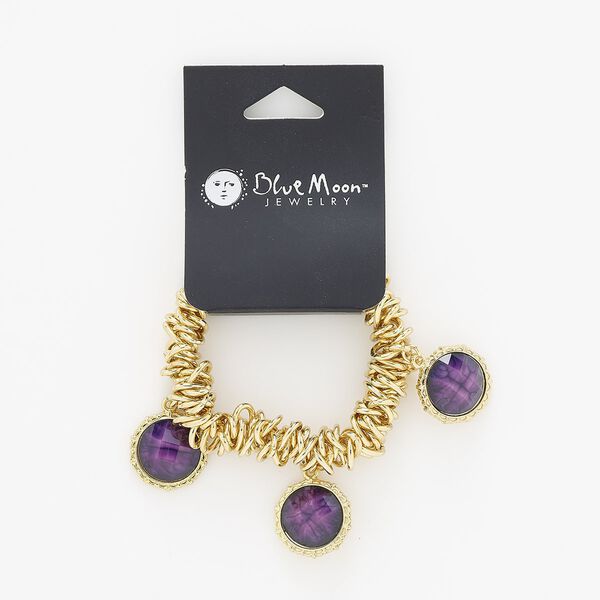 Bracelet, stretch, acrylic / gold-finished "pewter" (zinc-based alloy) / steel, purple, 12mm wide with 20mm round, adjustable from 6-1/2 to 8-1/2 inches. Sold individually. image number 0