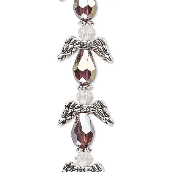 Bead, crystal and antique silver-plated "pewter" (zinc-based alloy), translucent medium purple AB and clear, 17x14mm angel. Sold per pkg of 6. image number 0