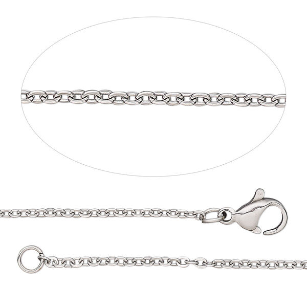 Chain, stainless steel, 1.6mm cable, adjustable at 18 and 20 inches with lobster claw clasp. Sold individually. image number 0