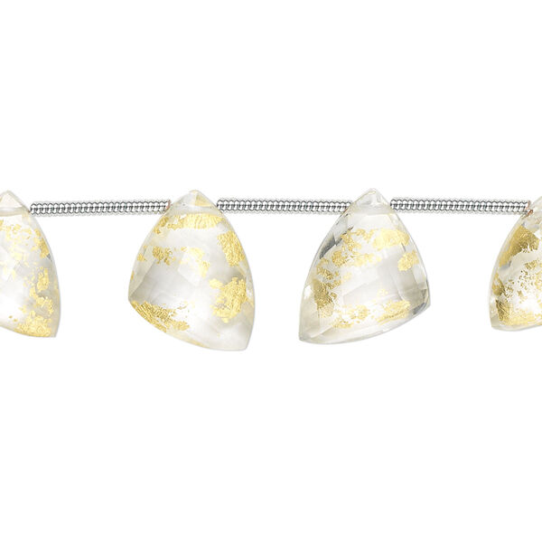 Bead, quartz crystal and 24Kt gold (assembled), 12x9x9mm-15x12x12mm graduated hand-cut top-drilled faceted irregular triangle, B+ grade, Mohs hardness 7. Sold per pkg of 6 beads. image number 0