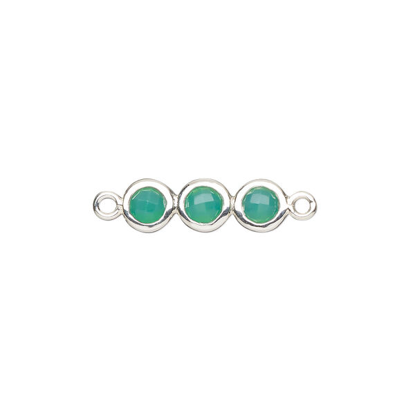 Link, sterling silver and chalcedony (dyed), sea green, 18x6mm double-sided overall with 6mm faceted round, Mohs hardness 6-1/2 to 7. Sold individually. image number 0