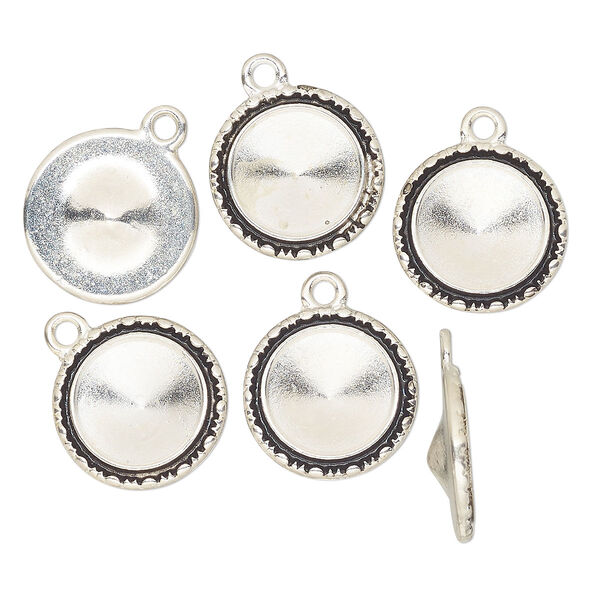 Drop, Almost Instant Jewelry®, antique silver-finished "pewter" (zinc-based alloy), 17mm round with beaded design and 12mm rivoli setting. Sold per pkg of 6. image number 0