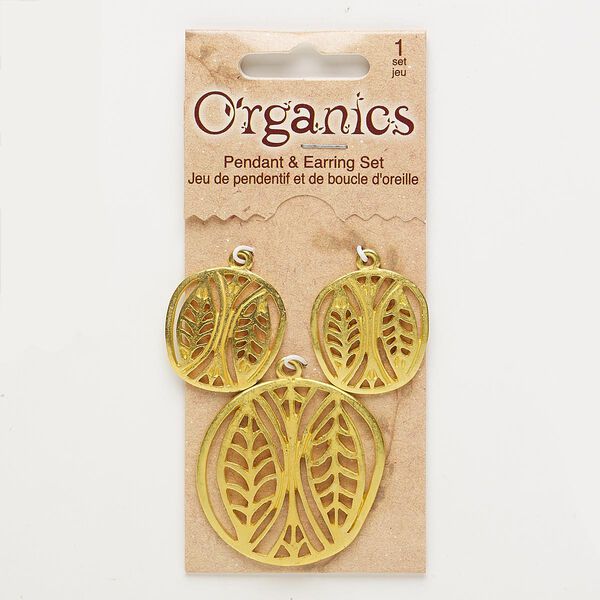 Focal and drop, gold-finished "pewter" (zinc-based alloy), 25x24mm and 38x37mm matte freeform with cutout leaf design. Sold per pkg of 3. image number 0