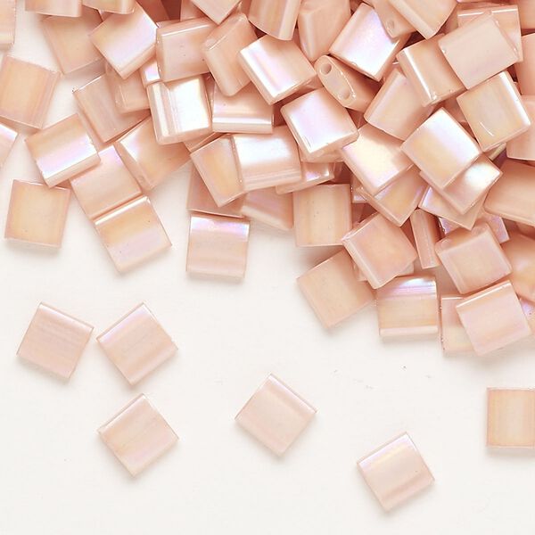 Seed bead, TILA®, glass, pkg/250g, 5mm full tila square, opaque luster rainbow light peach (TL-596-1). image number 0