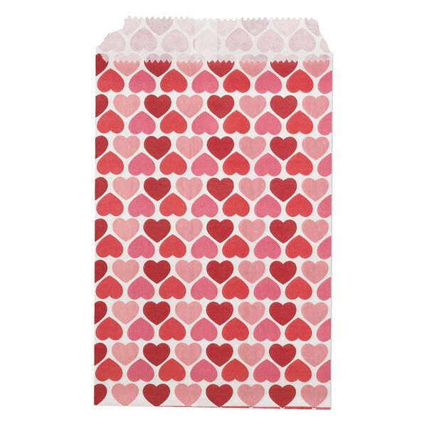 Bag, paper, white / pink / red, 6x4 inches with alternating heart design and scalloped top edge. Sold per pkg of 100. image number 0