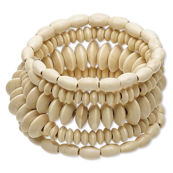 Bracelet, wood (natural) and steel memory wire, 41mm wide with barrel and saucer, 6-1/2 inch adjustable. Sold individually. image number 0