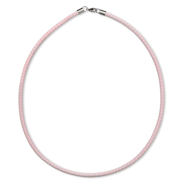 Necklace, brass mesh over leatherette cord with imitation rhodium-finished sterling silver, silver/pink, 3-4mm, 18-inch with lobster claw clasp. Sold individually. image number 0