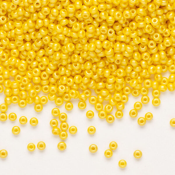 Seed bead, Preciosa Ornela Czech glass, pkg/50g, #11 rocaille, opaque PermaLux dyed dark yellow chalkwhite, (22002). image number 0