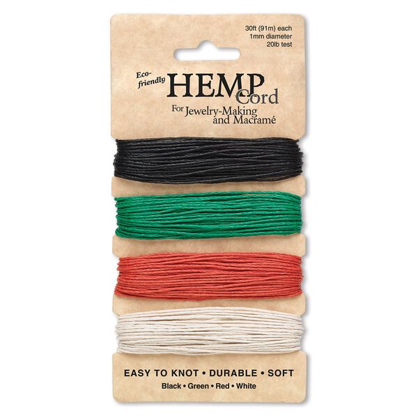 Cord, Hemptique®, hemp, assorted Christmas colors, 1mm diameter, 20-pound test. Sold per pkg of (4) 30-foot sections. image number 0