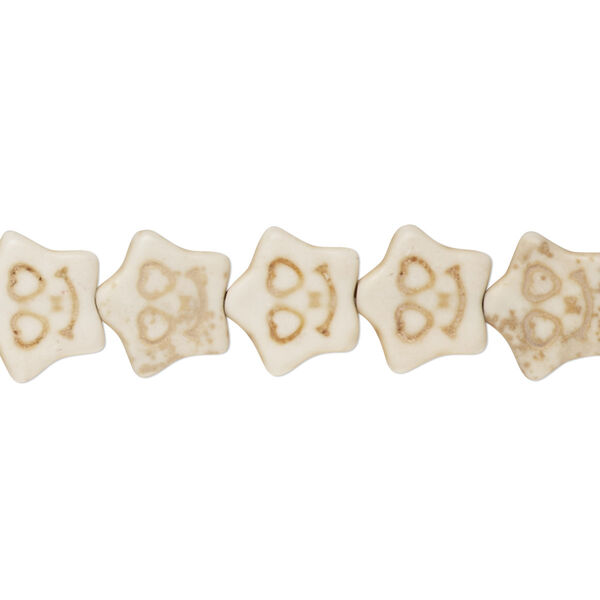 Bead, "howlite" (resin) (imitation), white, 12x11mm carved flat star. Sold per 15-inch strand. image number 0