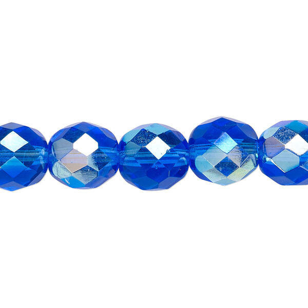 Bead, Czech fire-polished glass, light cobalt AB, 10mm faceted round. Sold per 15-1/2" to 16" strand. image number 0