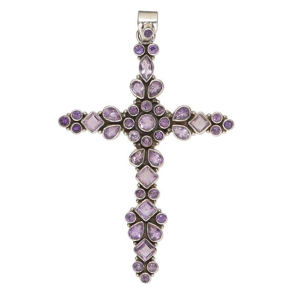 Pendant, amethyst (natural) and antiqued sterling silver, 3x2-1/4 inch cross. Sold individually. image number 0