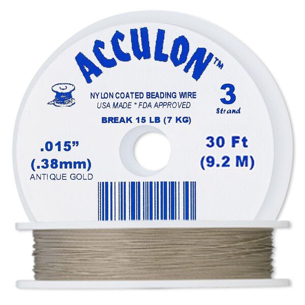 Beading wire, Acculon®, nylon-coated stainless steel, gold color, 3 strand, 0.015-inch diameter. Sold per 30-foot spool. image number 0