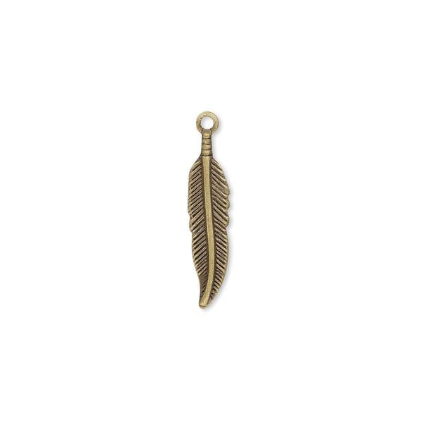 Charm, antique gold-plated brass, 18x4mm single-sided feather. Sold per pkg of 500. image number 0