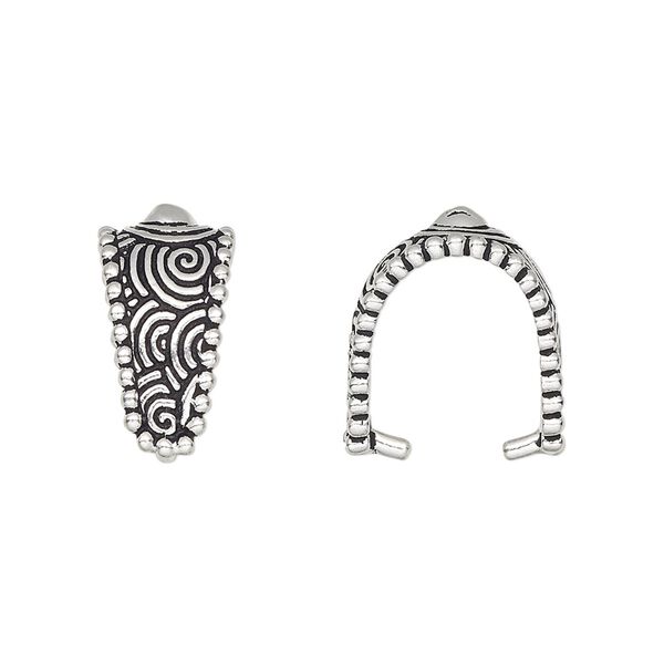 Bail, TierraCast®, ice-pick, antique silver-plated pewter (tin-based alloy), 17x9mm with swirl design and beaded border, 12mm grip length. Sold per pkg of 20. image number 0